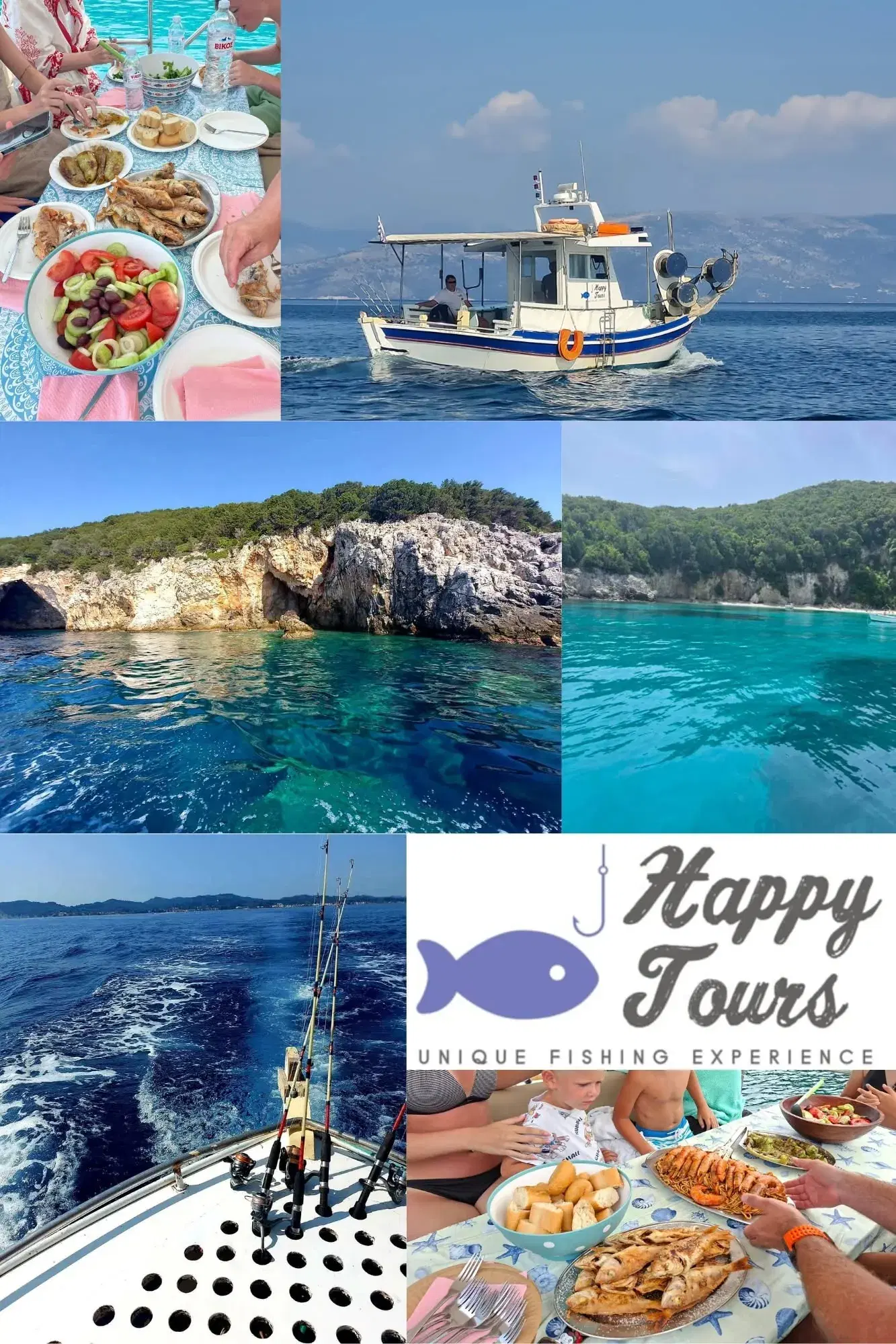 Small-boat fishing trip: the boat out at sea, a rocky shore over turquoise water, and grilled fish with salad on deck